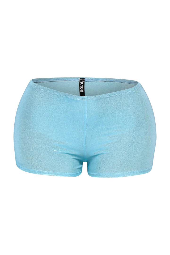 Turquoise metallic shorts with icy shine and body-hugging silhouette