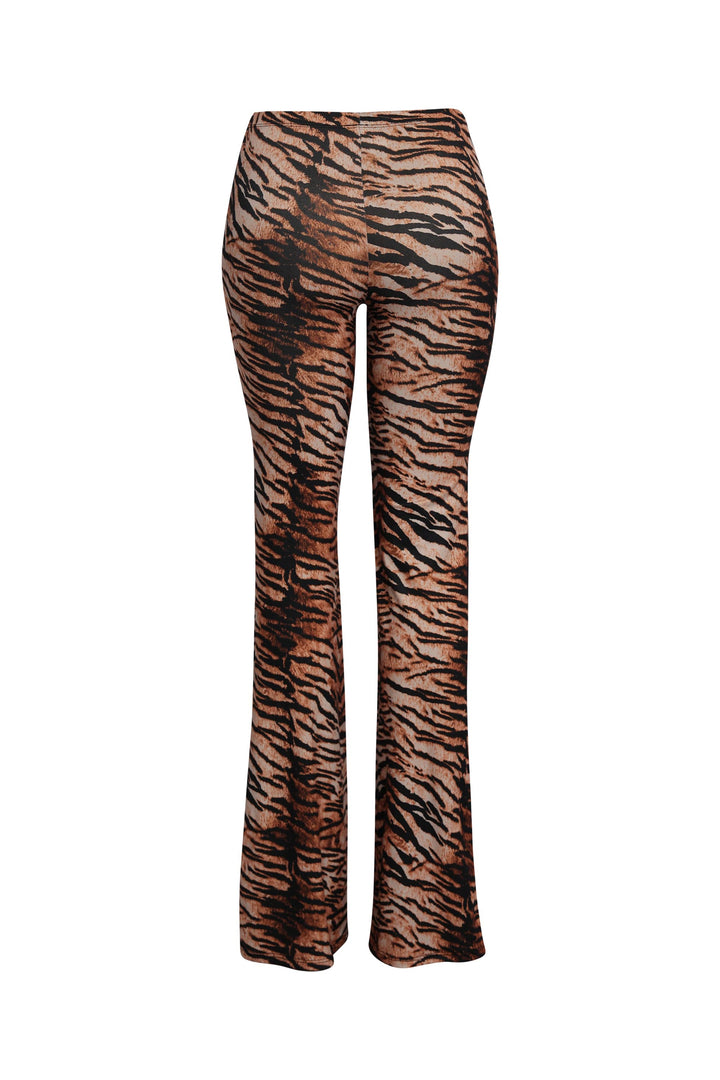 Tiger print high waist flare pants back view comfy elastic waistband