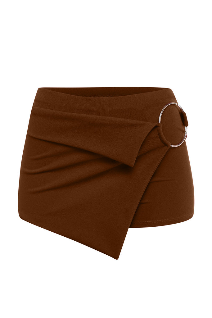 Brown O-ring wrap skort with high waist