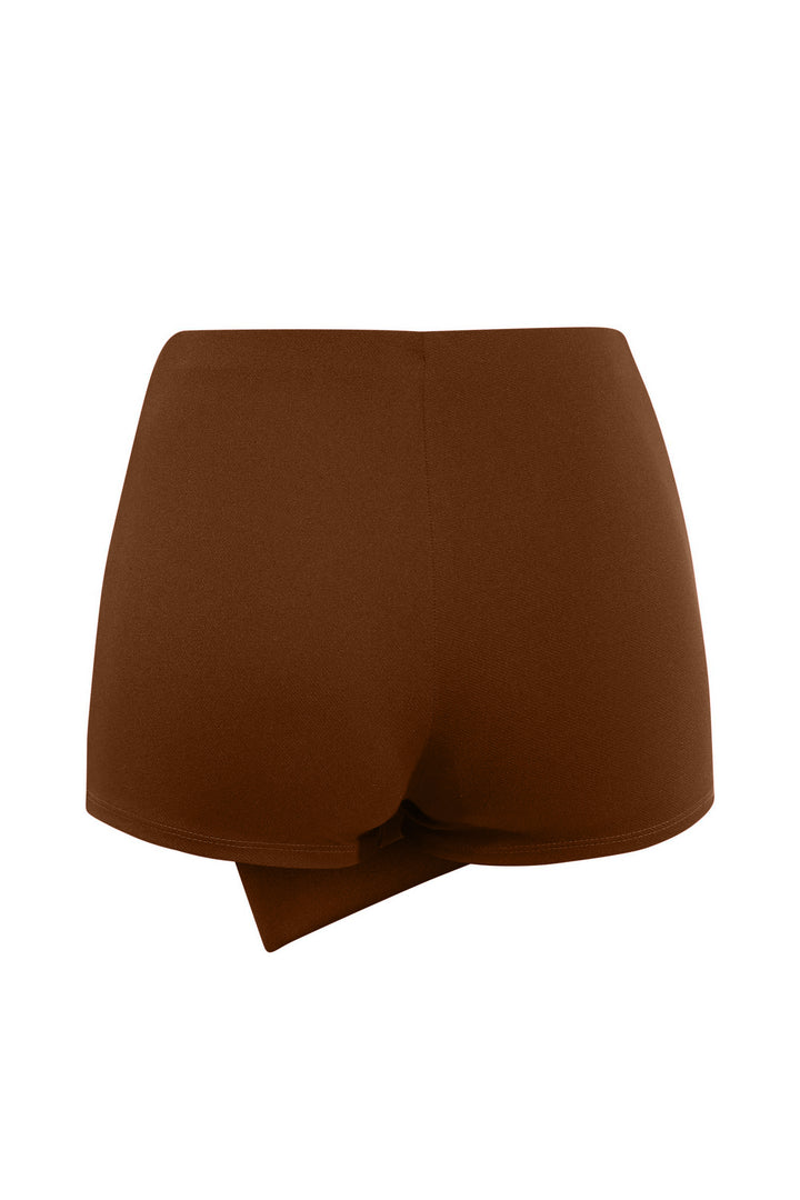 Brown pull-on skort with stylish O-ring accent