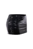Left angle showcasing glossy finish on black vinyl-effect low-rise mini skirt