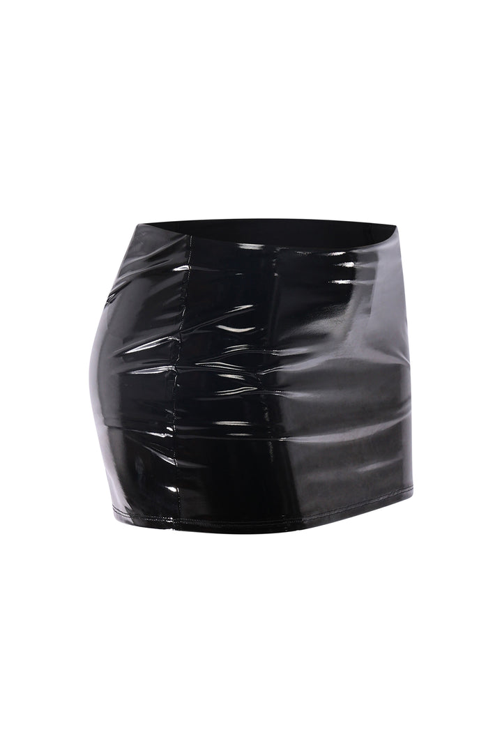 Left angle showcasing glossy finish on black vinyl-effect low-rise mini skirt
