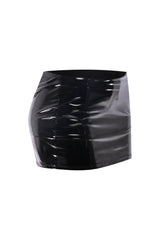 Left angle showcasing glossy finish on black vinyl-effect low-rise mini skirt