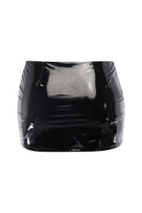 Back view of shiny black stretch mini skirt with lined bottom and clean hem