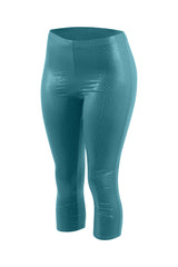 Teal leggings with a textured pattern on a white background