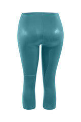 Teal leggings with a textured pattern on a white background