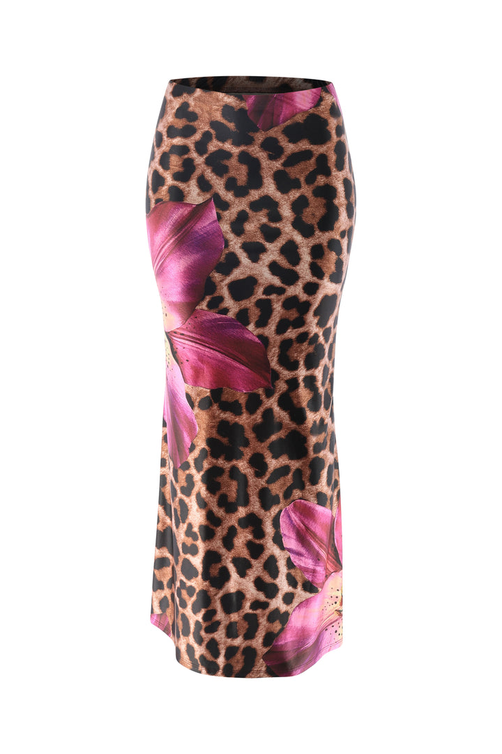 Front view of high waisted floral leopard skirt with banded waistband and body-skimming fit