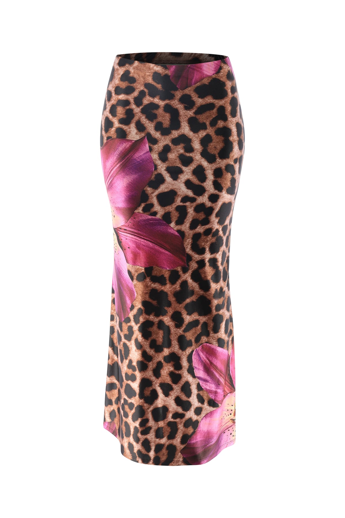 Front view of high waisted floral leopard skirt with banded waistband and body-skimming fit