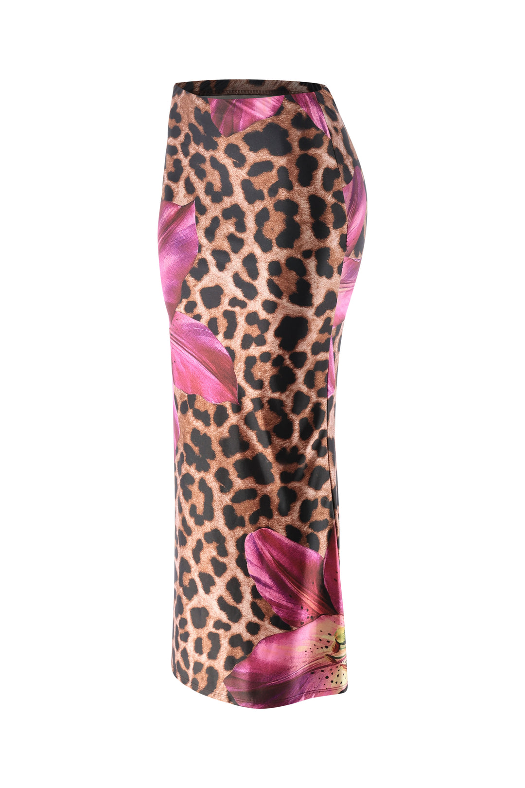 Left angled view of leopard print maxi skirt with pink floral graphic and flared hem