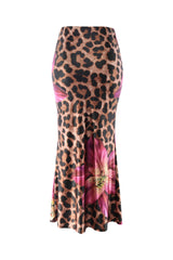 Back view of leopard floral maxi skirt with subtle stretch and natural shape silhouette
