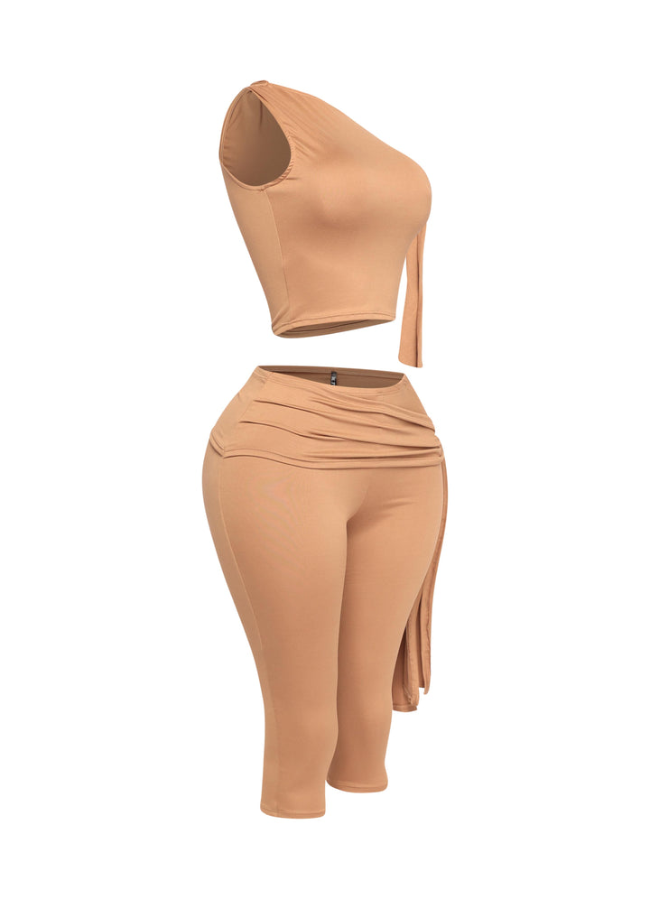 One shoulder tied detailed capri leggings set