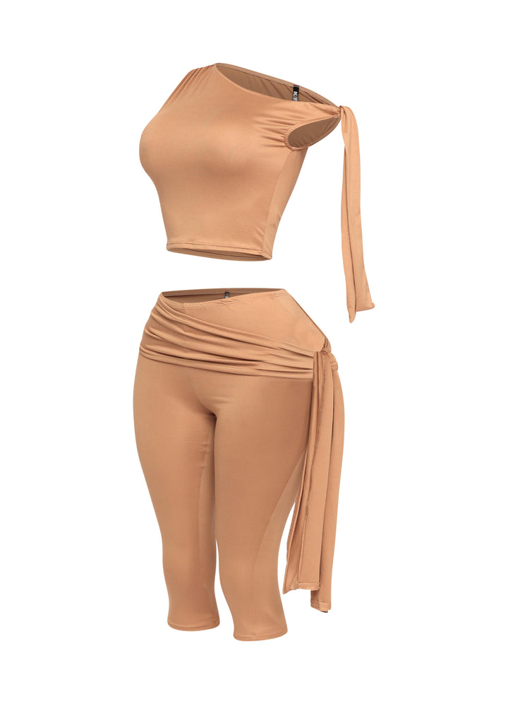 One shoulder tied detailed capri leggings set