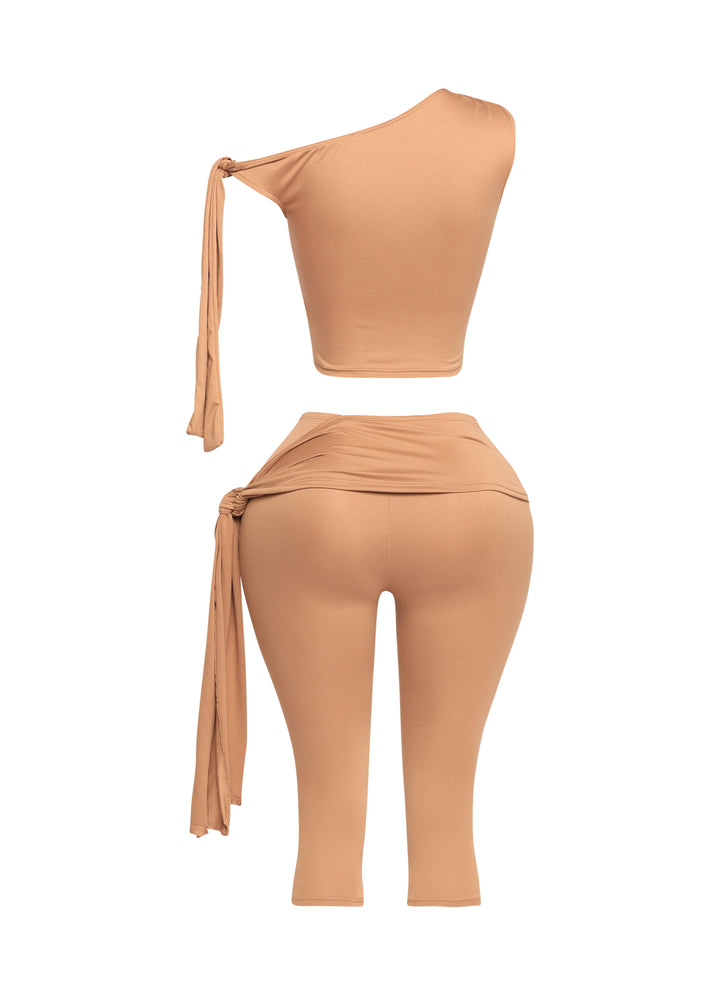 One shoulder tied detailed capri leggings set