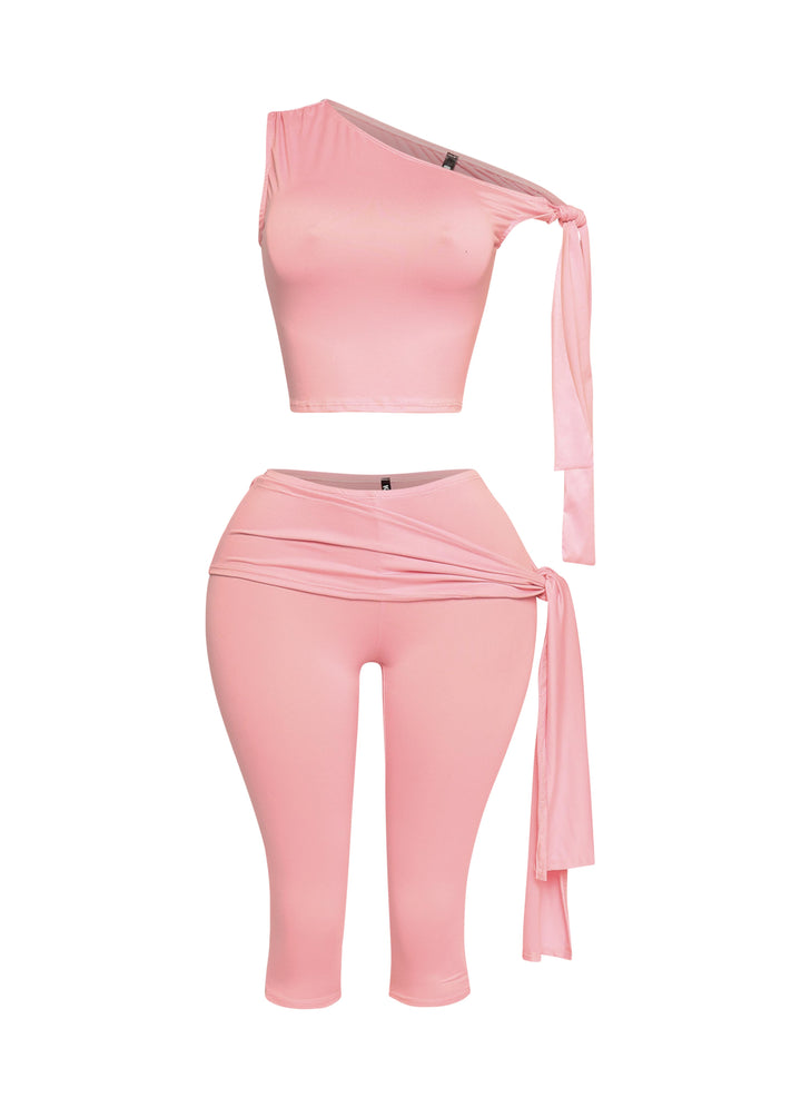 One shoulder tied detailed capri leggings set