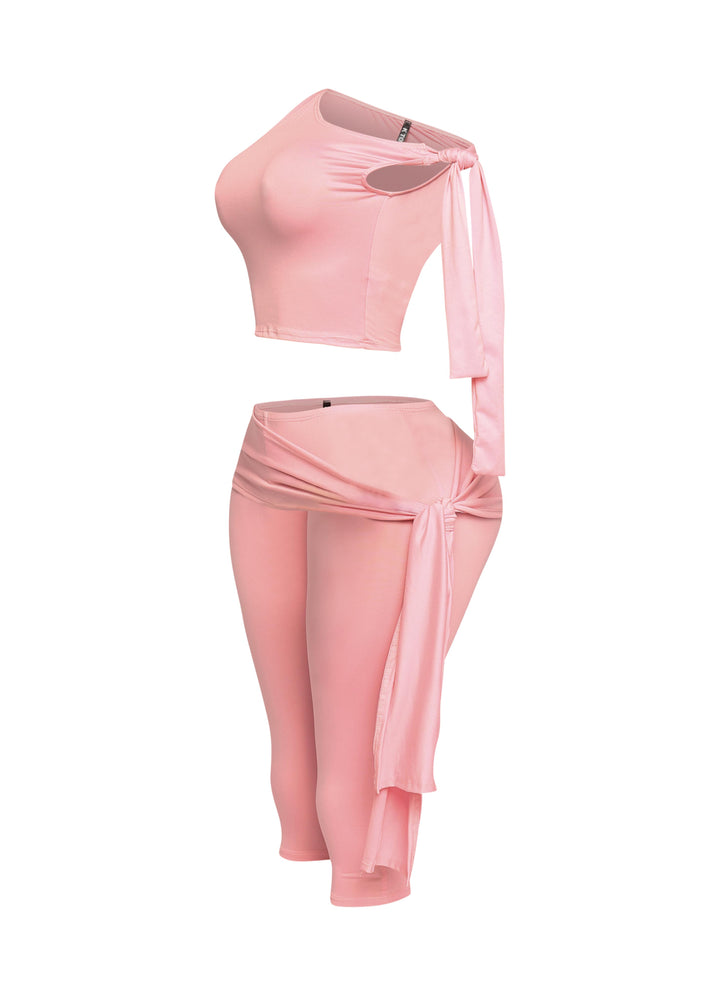 One shoulder tied detailed capri leggings set