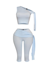 One shoulder tied detailed capri leggings set