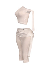 One shoulder tied detailed capri leggings set