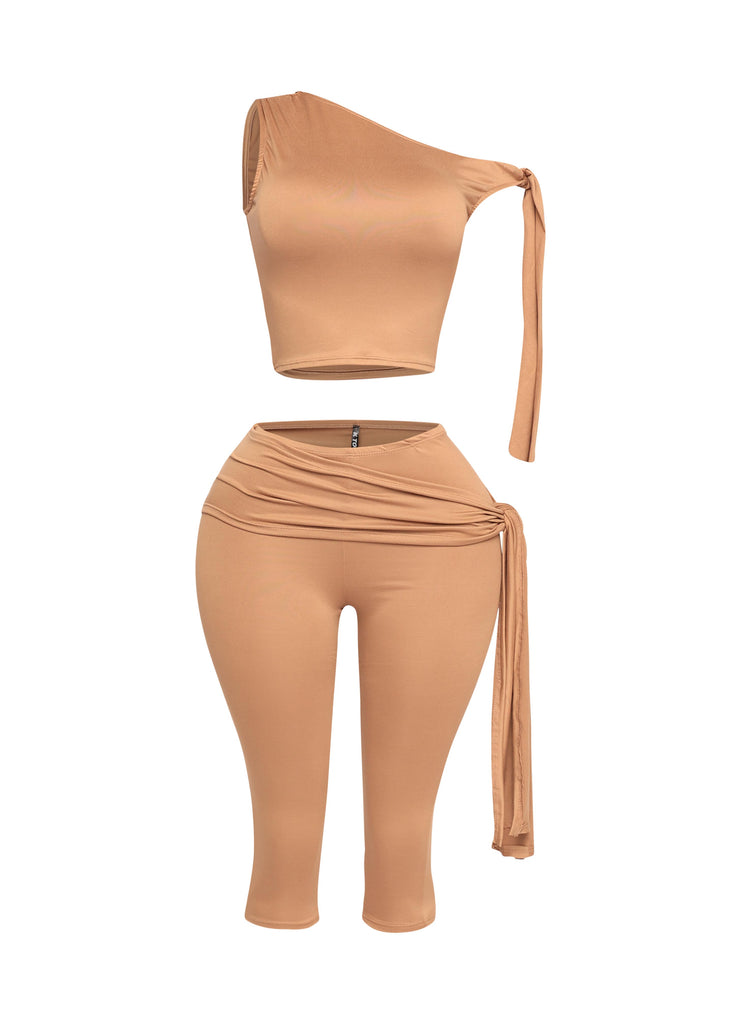 One shoulder tied detailed capri leggings set
