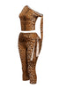 Brown leopard co-ord set with fitted crop top and high-rise capri pants with stretch

