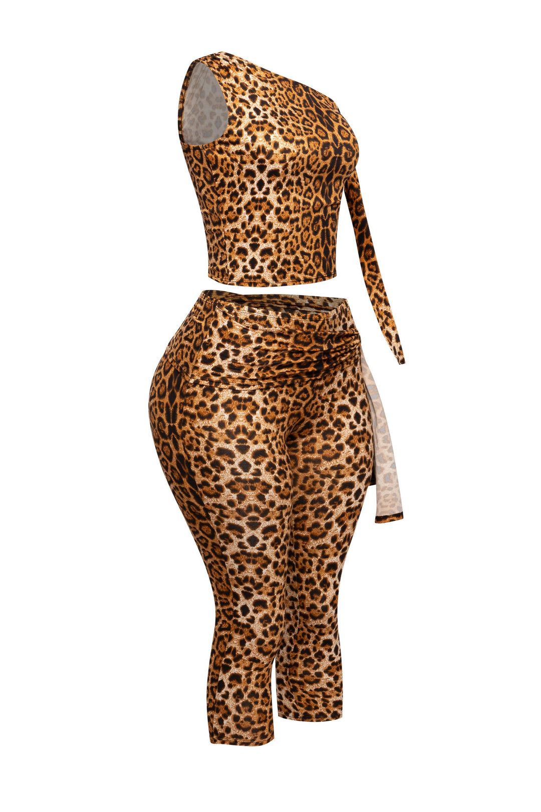 Animal print capri outfit featuring one-shoulder top with draped tie and body-hugging bottoms

