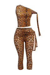 Leopard print two-piece set with asymmetrical tie-strap crop top and fitted capri pants

