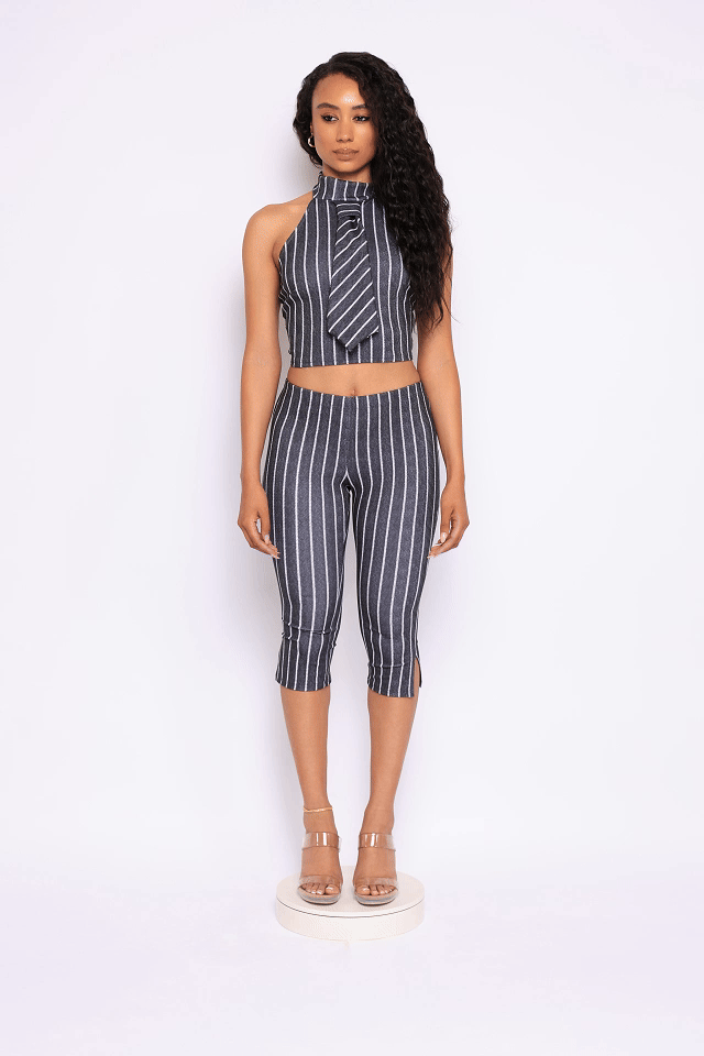 Striped neckltie halter top and capri pant set
