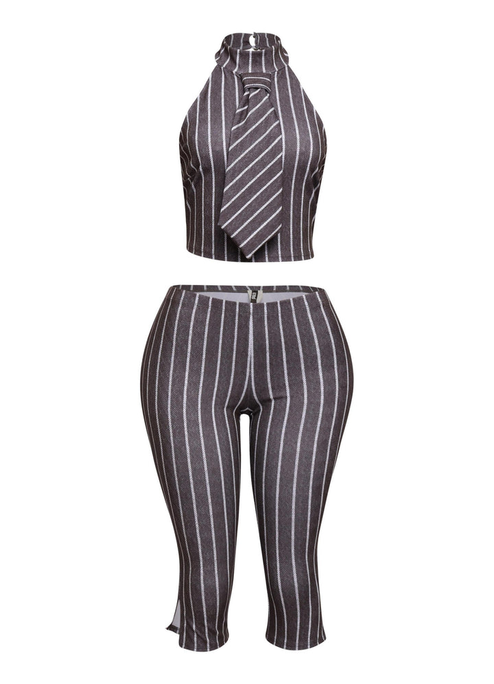 Striped neckltie halter top and capri pant set
