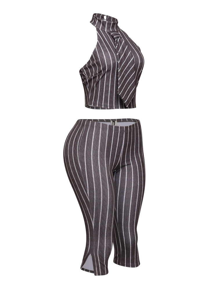 Striped neckltie halter top and capri pant set