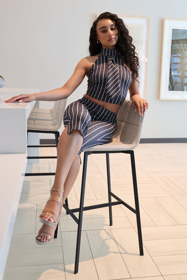 Striped neckltie halter top and capri pant set