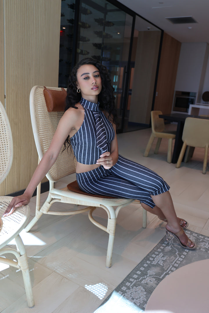 Striped neckltie halter top and capri pant set