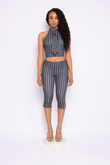 Striped neckltie halter top and capri pant set