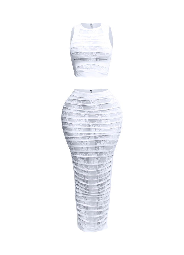 Lace layered cut out skirt set