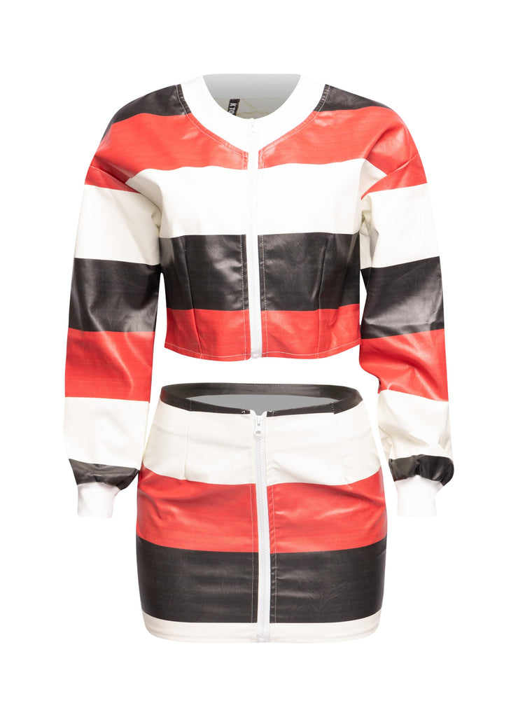 Multi color striped zipper closure jacket & mini skirt set