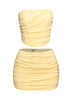 Lemon yellow floral two piece set with ruched strapless top and mini skirt

