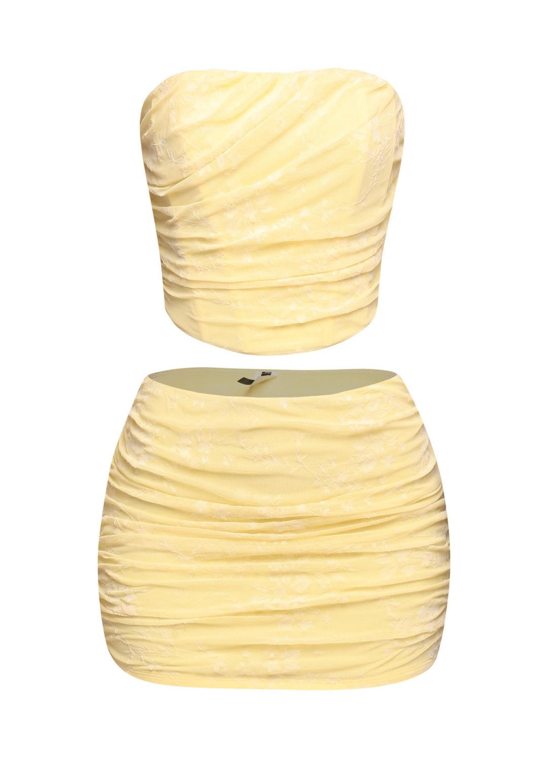 Lemon yellow floral two piece set with ruched strapless top and mini skirt

