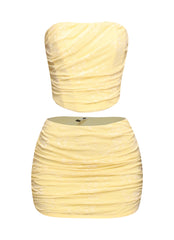 Lemon yellow floral two piece set with ruched strapless top and mini skirt

