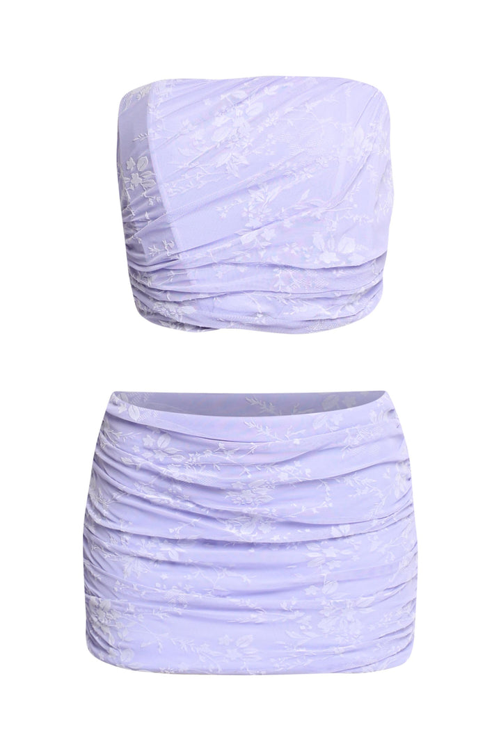 Ruched lavender mini set with floral jacquard and fitted silhouette

