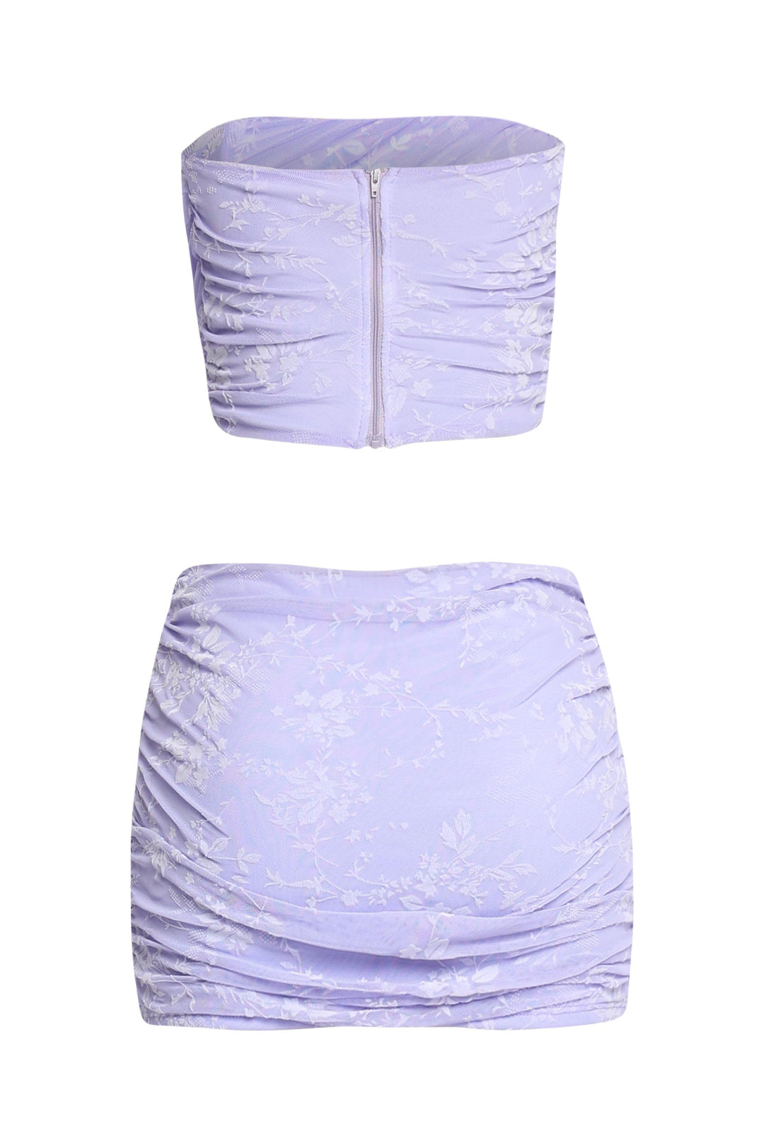 Lavender jacquard tube top and ruched mini skirt set with floral texture


