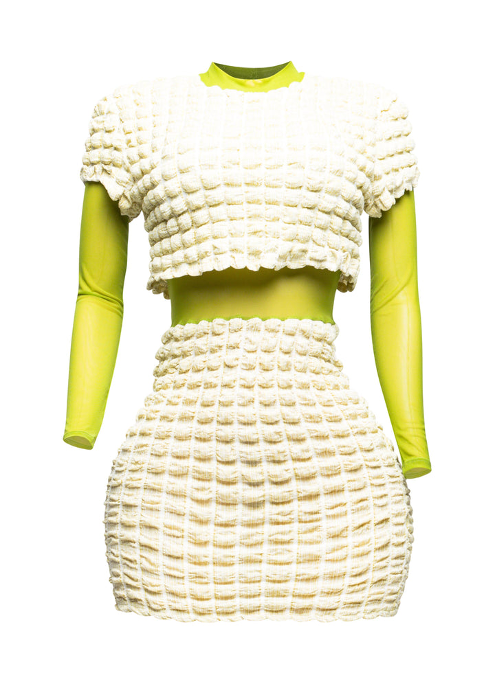 Mesh Contrast Popcorn Fabric Mini Dress