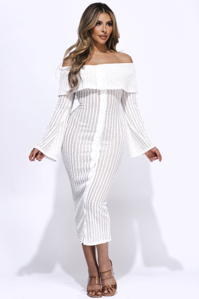 Ruffled fabric off shoulder midi dress with flared sleeve