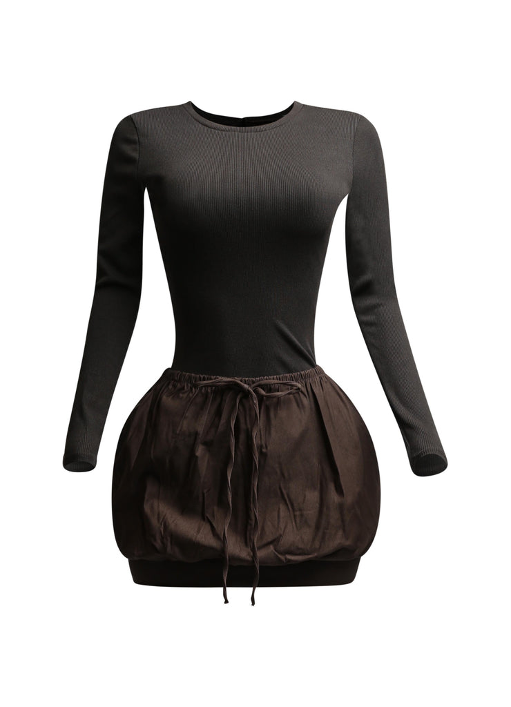 Ribbed long sleeve open back bubble skirt mini dress