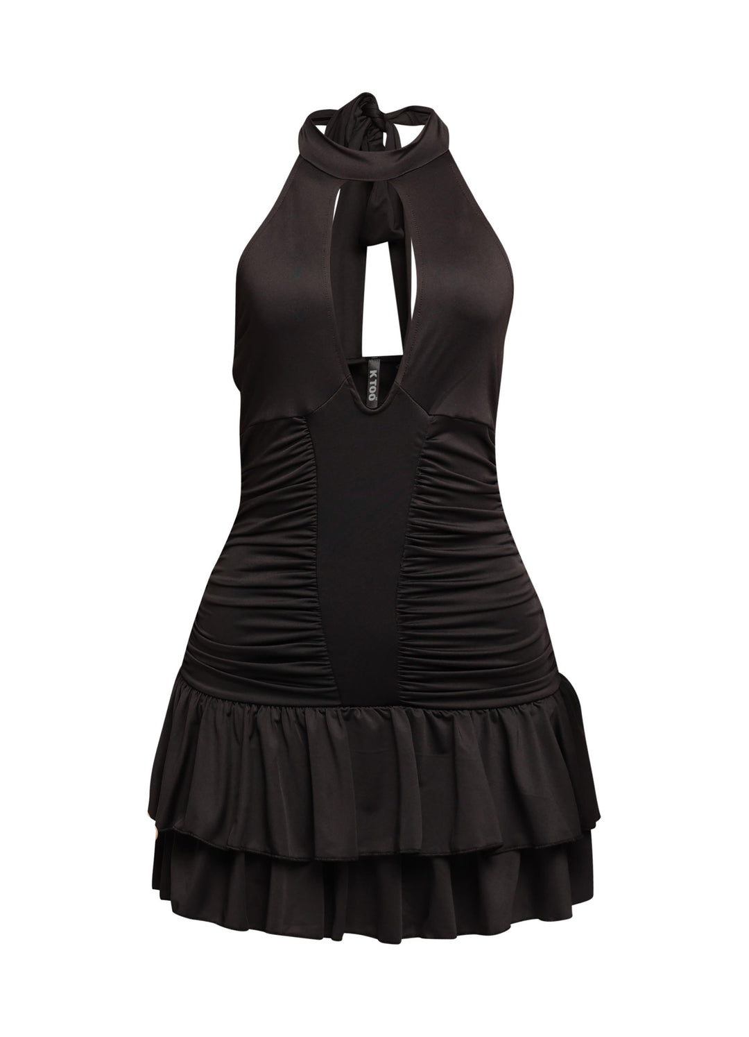 Shirring detailed halter layered ruffle dress