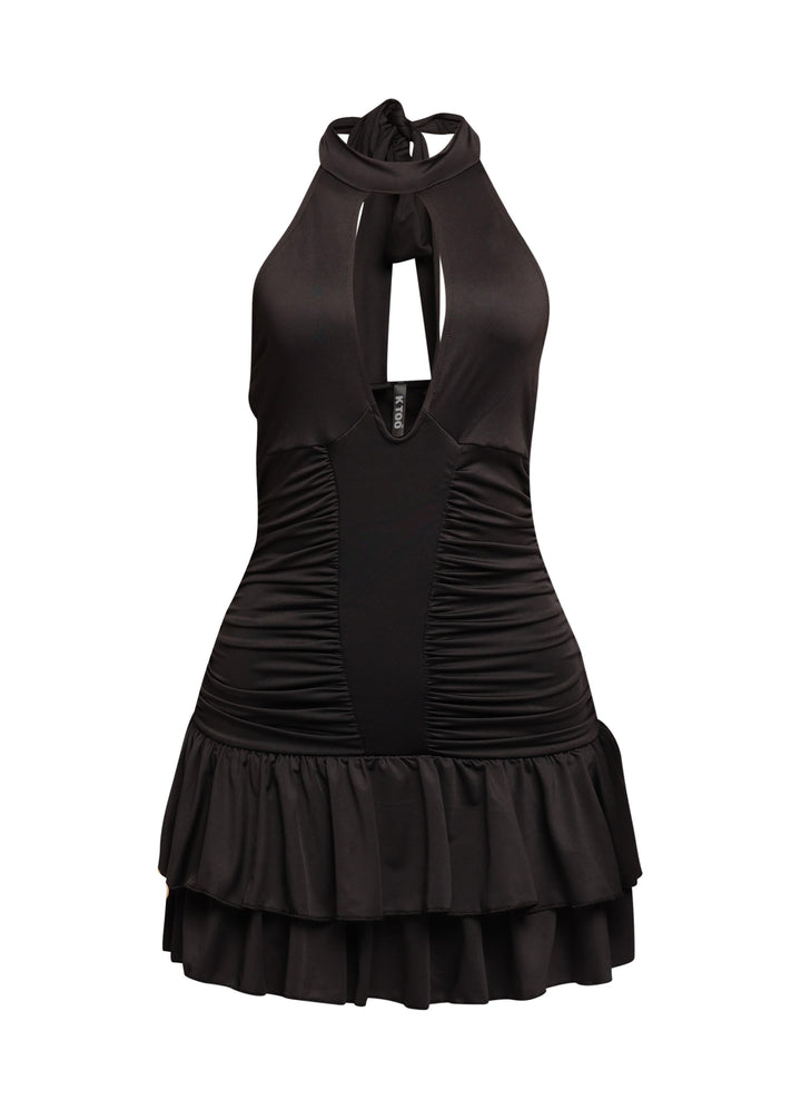 Shirring detailed halter layered ruffle dress