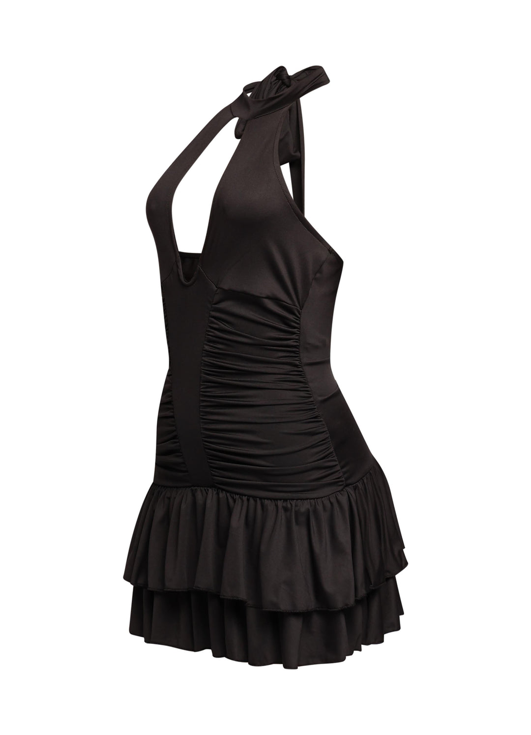Shirring detailed halter layered ruffle dress
