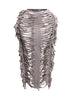 Cutout detailed distressed denim fringe maxi skirt