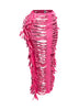 Cutout detailed distressed denim fringe maxi skirt
