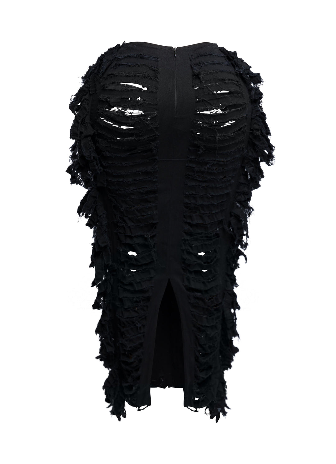 Cutout detailed distressed denim fringe maxi skirt