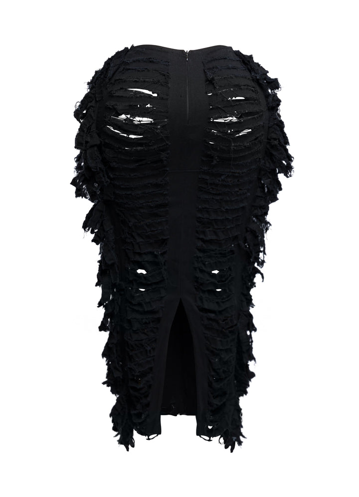 Cutout detailed distressed denim fringe maxi skirt