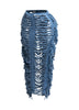 Cutout detailed distressed denim fringe maxi skirt