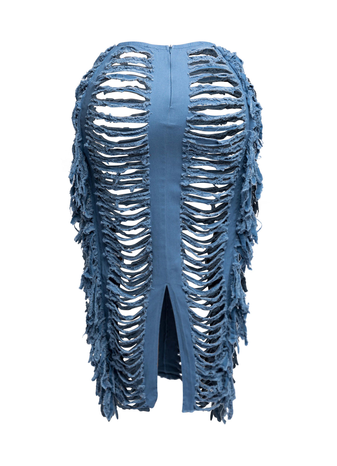 Cutout detailed distressed denim fringe maxi skirt
